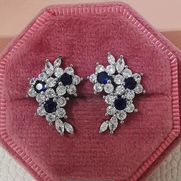 925 Silver plated Earrings Inlaid Blue cubic zirconia cocktail party earrings - Picture 1 of 8
